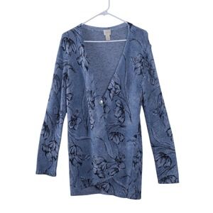 Chico's Women's Light Blue Floral Long Duster Cardigan Size 1 Elegant Drape